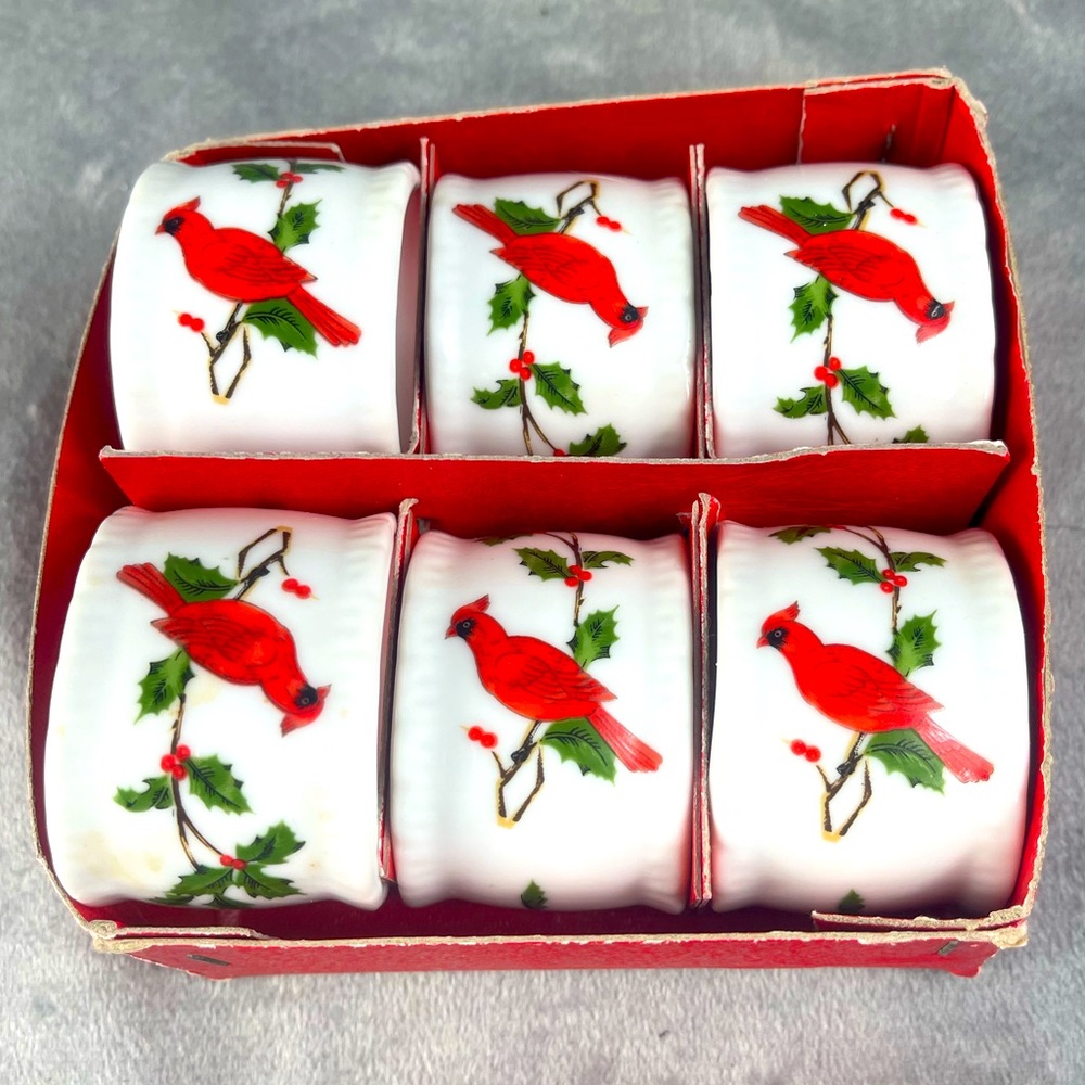 ESTATE Set of 6 Signed Lefton China Cardinal Holiday Porcelain Napkin Rings 84’
